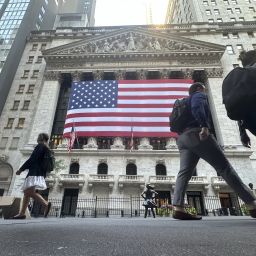 The American flag hangs from the front of the New York Stock Exchange on Sept. 10, 2024, in New York.