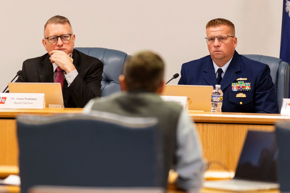 OceanGate Chief Engineer Tony Nissan testifies before Coast Guard Jason Neubauer, left, and Thomas Whalen, right, during the Titan Marine Board of Directors formal hearing in North Charleston, South Carolina.