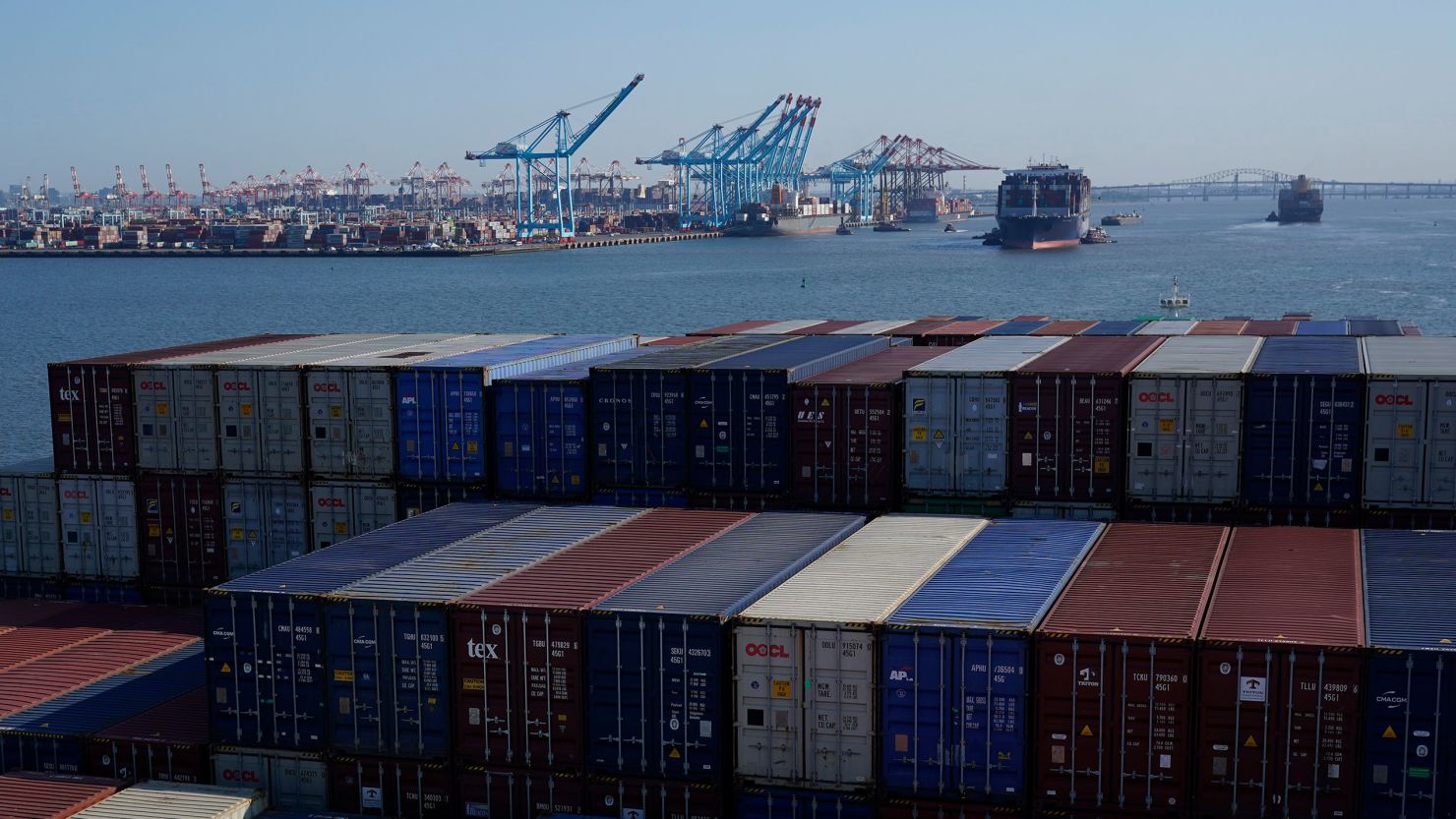 A container ship makes it way toward the Port of New York and New Jersey in Elizabeth, New Jersey. A threatened strike by the International Longshoremen's Association could shut the port and others on the  East Coast and Gulf Coast starting early Tuesday.