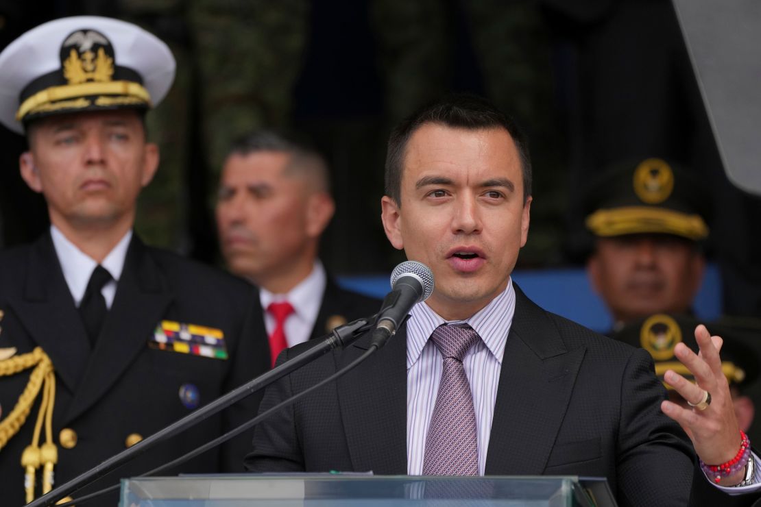 Ecuadorian President Daniel Noboa speaks at a ceremony to deliver equipment to police at the Gral. Alberto Enriquez Gallo police school in Quito, Ecuador, on January 22, 2024.