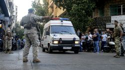 17 September 2024, Lebanon, Beirut: Lebanese army soldiers secure the area for an ambulance to enter the premises of the American University hospital. Eight people have been killed and some 2,750 injured in suspected coordinated explosions of hand-held telecommunications devices across Lebanon, Health Minister Firas Abiad said during a press conference in Beirut on 17 September. Photo by: Marwan Naamani/picture-alliance/dpa/AP Images