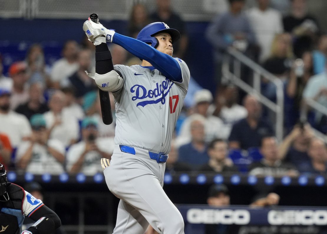 Ohtani hit a two-run homer in the third inning against the Miami Marlins.