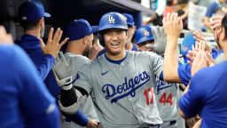 Los Angeles Dodgers' Shohei Ohtani (17) celebrates after hitting a home run during the sixth inning of a baseball game against the Miami Marlins, Thursday, Sept. 19, 2024, in Miami.