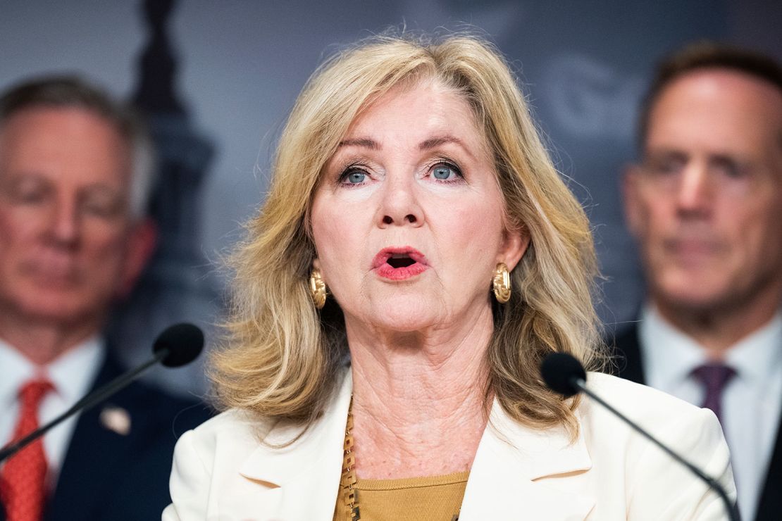 Sen. Marsha Blackburn of Tennessee speaks during a news conference in the US Capitol to call for additional Secret Service resources for former President Donald Trump on Tuesday, September 17, 2024.