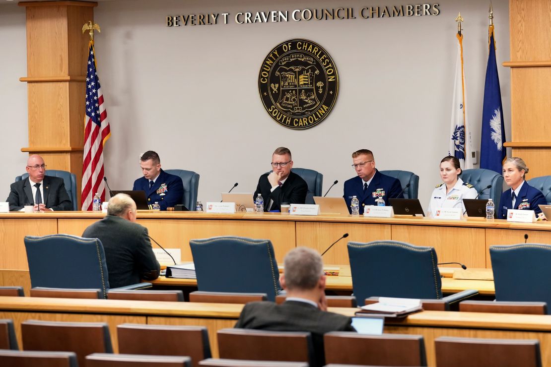 Fred Hagan, far left, faces officials while testifying on the Titan's 2023 implosion on September 20, 2024, in North Charleston, South Carolina.