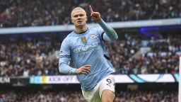 Erling Haaland of Manchester City celebrates his 100th goal to make it 1-0 during the Premier League match Manchester City vs Arsenal at Etihad Stadium, Manchester, United Kingdom, 22nd September 2024 (Photo by Mark Cosgrove/News Images) in , on 9/22/2024. (Photo by Mark Cosgrove/News Images/Sipa USA)(Sipa via AP Images)