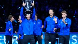 Team Europe's Carlos Alcaraz lifts the Laver cup trophy after winning against Team's World's at the Laver Cup tennis event, in Berlin, Germany, Sunday, Sept. 22, 2024. (AP Photo/Ebrahim Noroozi)