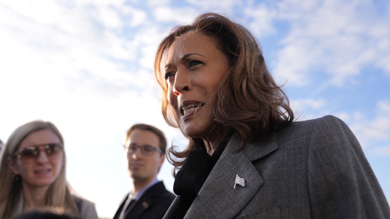 Vice President Kamala Harris speaks to members of the media upon her arrival at Andrews Air Force Base in Maryland on Sunday, September 22, 2024.