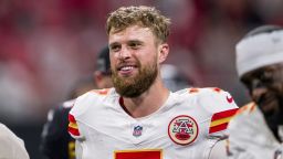 Kansas City Chiefs place kicker Harrison Butker (7) walks off the field after an NFL football game against the Atlanta Falcons, Sunday, Sept. 22, 2024, in Atlanta. The Chiefs defeated the Falcons 22-17. (AP Photo/Danny Karnik)