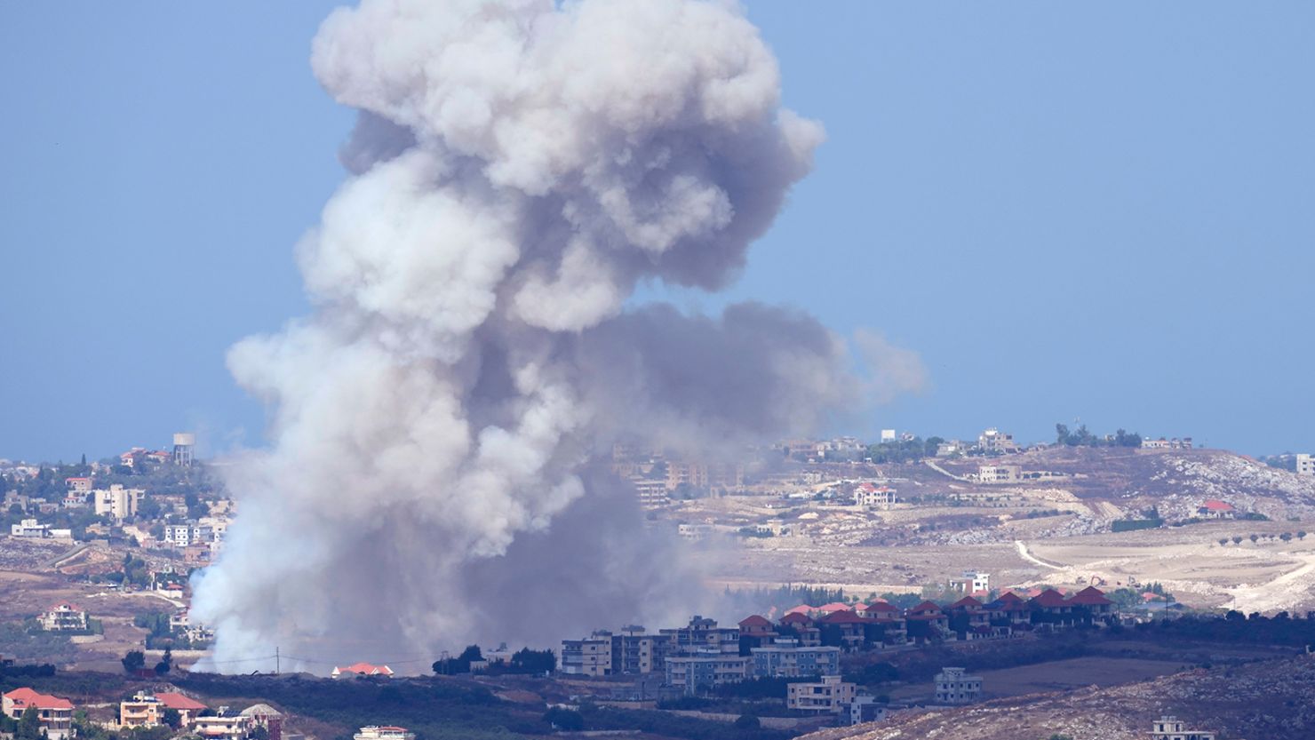 Smoke rises from Israeli airstrikes on villages in the Nabatiyeh district, seen from the southern town of Marjayoun, Lebanon, Monday, Sept. 23, 2024.