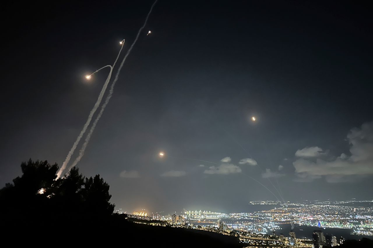 Israel's Iron Dome defense system fires to intercept rockets that were launched from Lebanon, as seen from Haifa, Israel, on September 23.