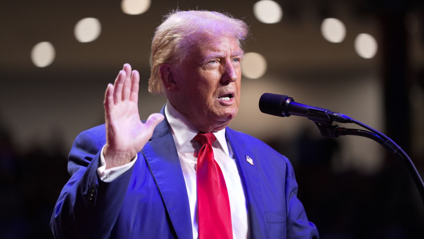 Former President Donald Trump speaks at a campaign event at the Indiana University of Pennsylvania Ed Fry Arena, on September 23, 2024, in Indiana, Pennsylvania.