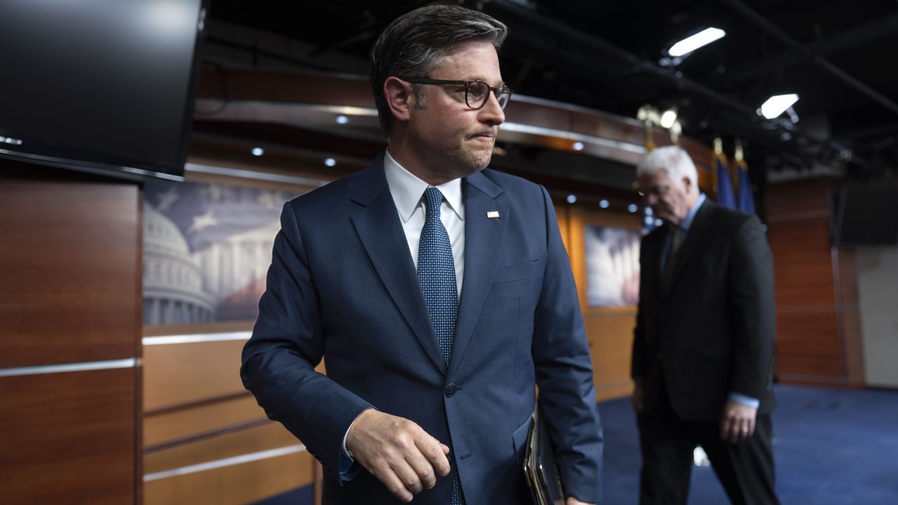 House Speaker Mike Johnson, a Louisiana Republican, pauses for a final question Tuesday as he leaves a news conference at the Capitol in Washington, DC.