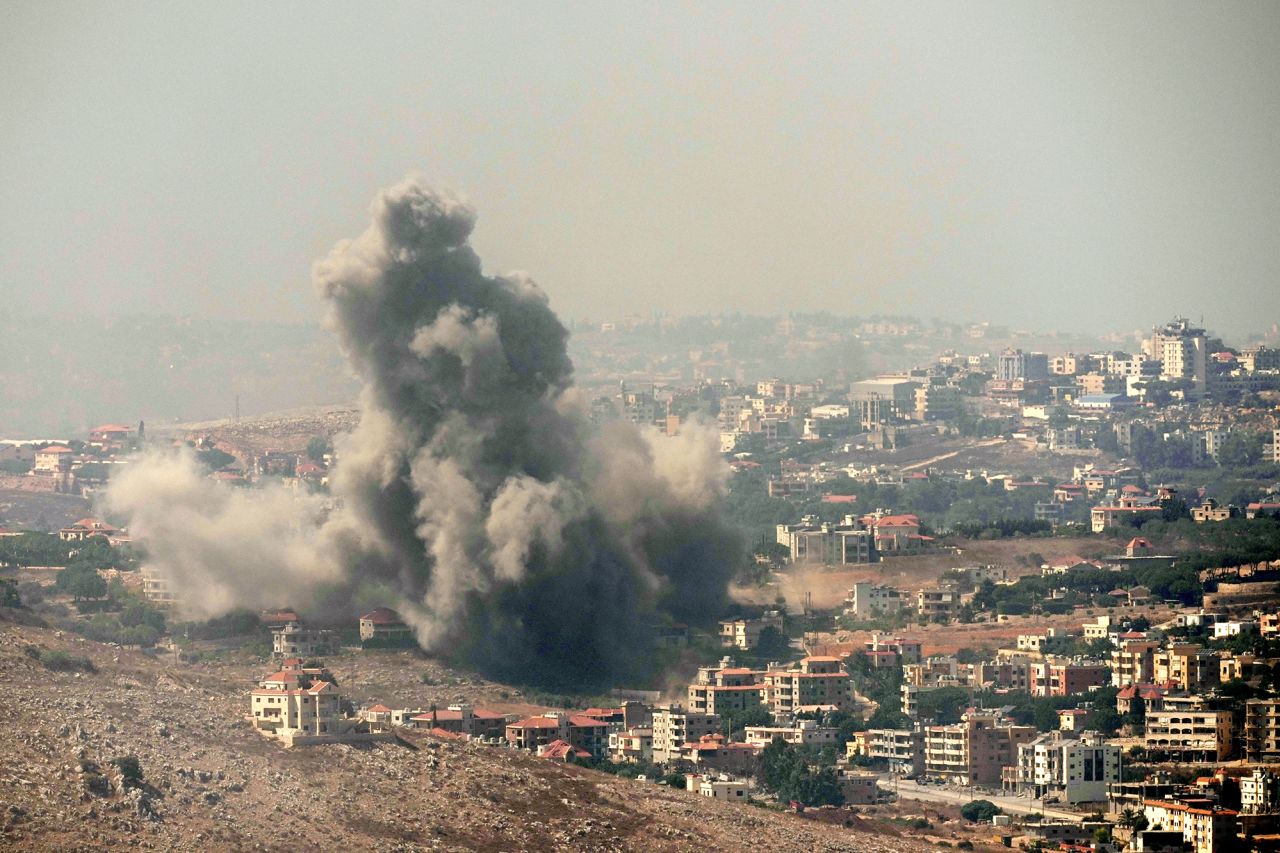 Smoke rises from Israeli airstrikes in the southern village of Kfar Rouman, south Lebanon, on September 25.