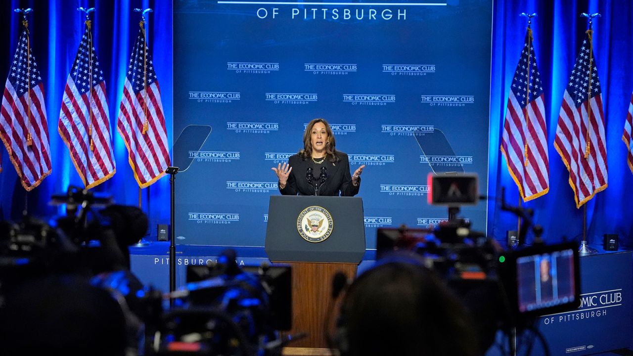 Vice President Kamala Harris addresses the Economic Club of Pittsburgh on the Carnegie Mellon University campus in Pittsburgh, on Wednesday, September 25.