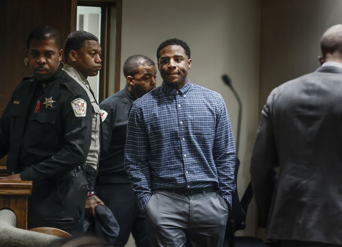 Defendant Justin Johnson, center, enters court before being found guilty of murder in the death of Memphis rapper Young Dolph, in court in Memphis, Tennessee, on Thursday. (Mark Weber/Daily Memphian via AP, Pool)