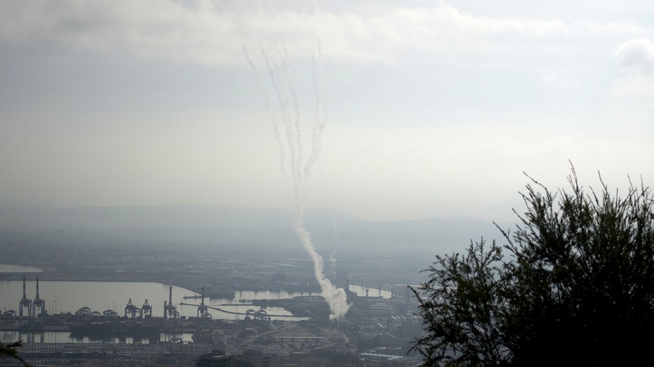 The Israeli Iron Dome air defense system fires to intercept rockets that were launched from Lebanon, as seen from Haifa, northern Israel, on September 27.