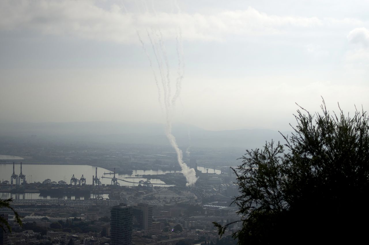 The Israeli Iron Dome air defense system fires to intercept rockets that were launched from Lebanon, as seen from Haifa, northern Israel, on September 27.