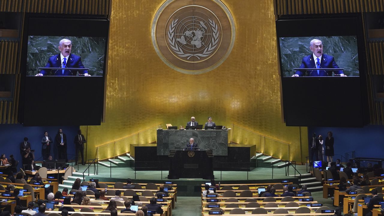 Israel Prime Minister Benjamin Netanyahu addresses the 79th session of the United Nations General Assembly, on September 27.