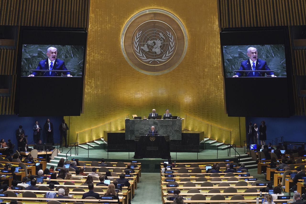 Israel Prime Minister Benjamin Netanyahu addresses the 79th session of the United Nations General Assembly, on September 27.