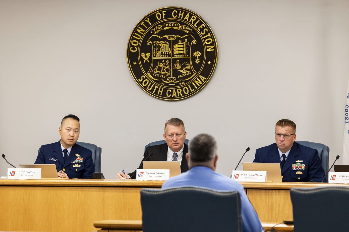 Board Chairman Jason Neubauer, seated middle, questions Matthew McCoy, a former OceanGate employee, during the final day of the Coast Guard investigative hearing into the causes of the implosion of an experimental submersible headed towards the wreck of the Titanic, Friday September 7. 27, 2024, in North Charleston, South Carolina.