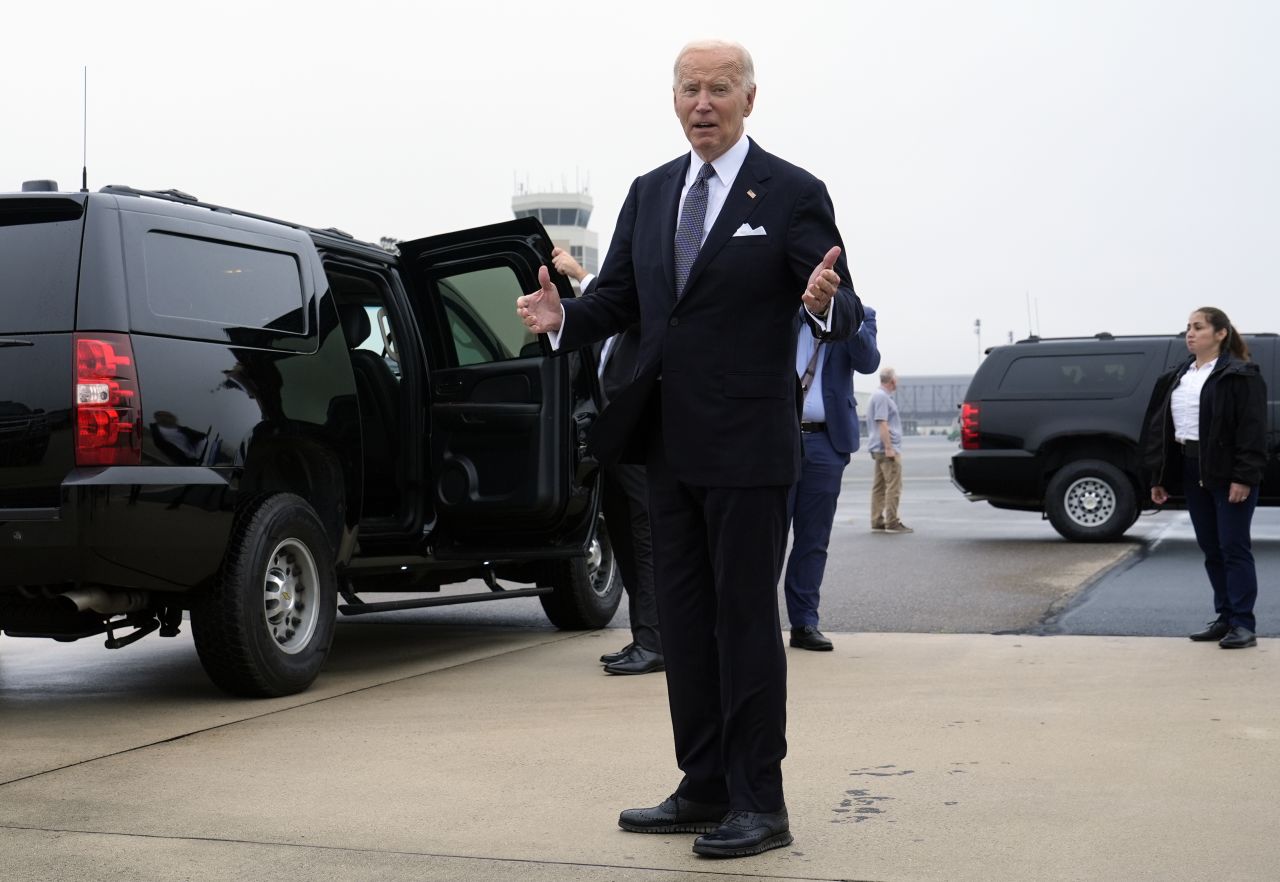 President Joe Biden speaks the the media after stepping off Air Force One at Dover Air Force Base in Delaware, Friday, September 27.