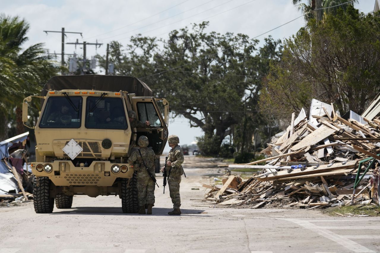 Members of the Florida National Guard are seen in the aftermath of Hurricane Helene, in Cedar Key, Florida on September 27.