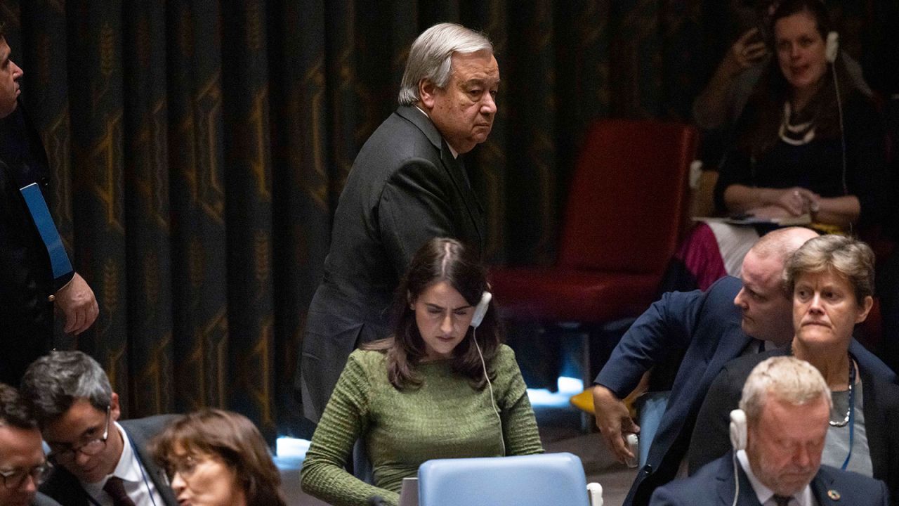 UN Secretary-General Antonio Guterres leaves a Security Council meeting at United Nations headquarters on Friday, September 27.