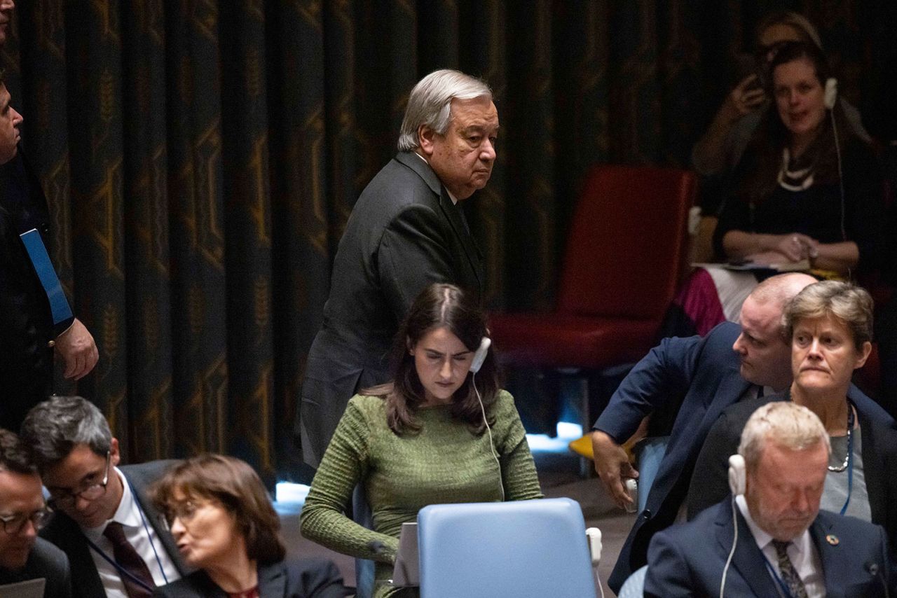 UN Secretary-General Antonio Guterres leaves a Security Council meeting at United Nations headquarters on Friday, September 27.