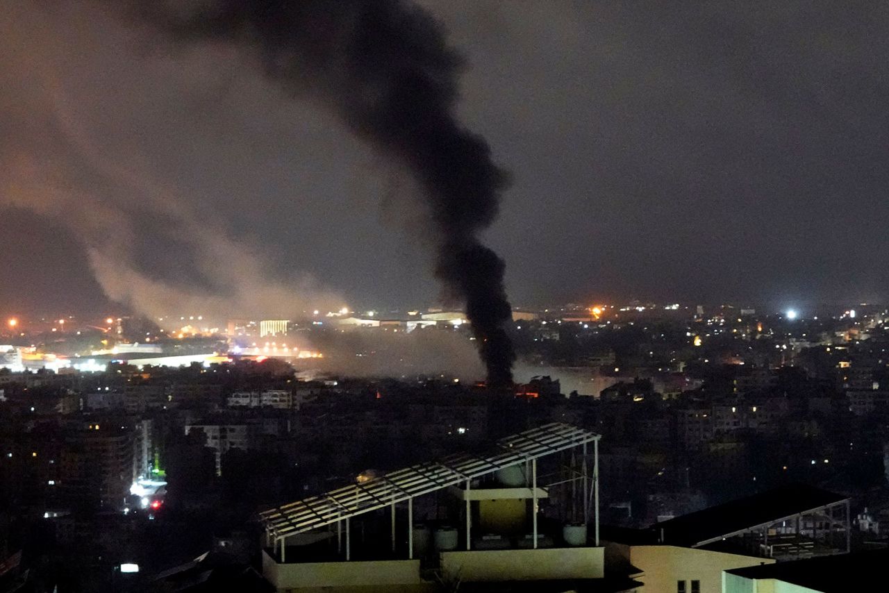 Smoke rises from Israeli airstrikes in Beirut's southern suburbs, on Saturday, September 28.