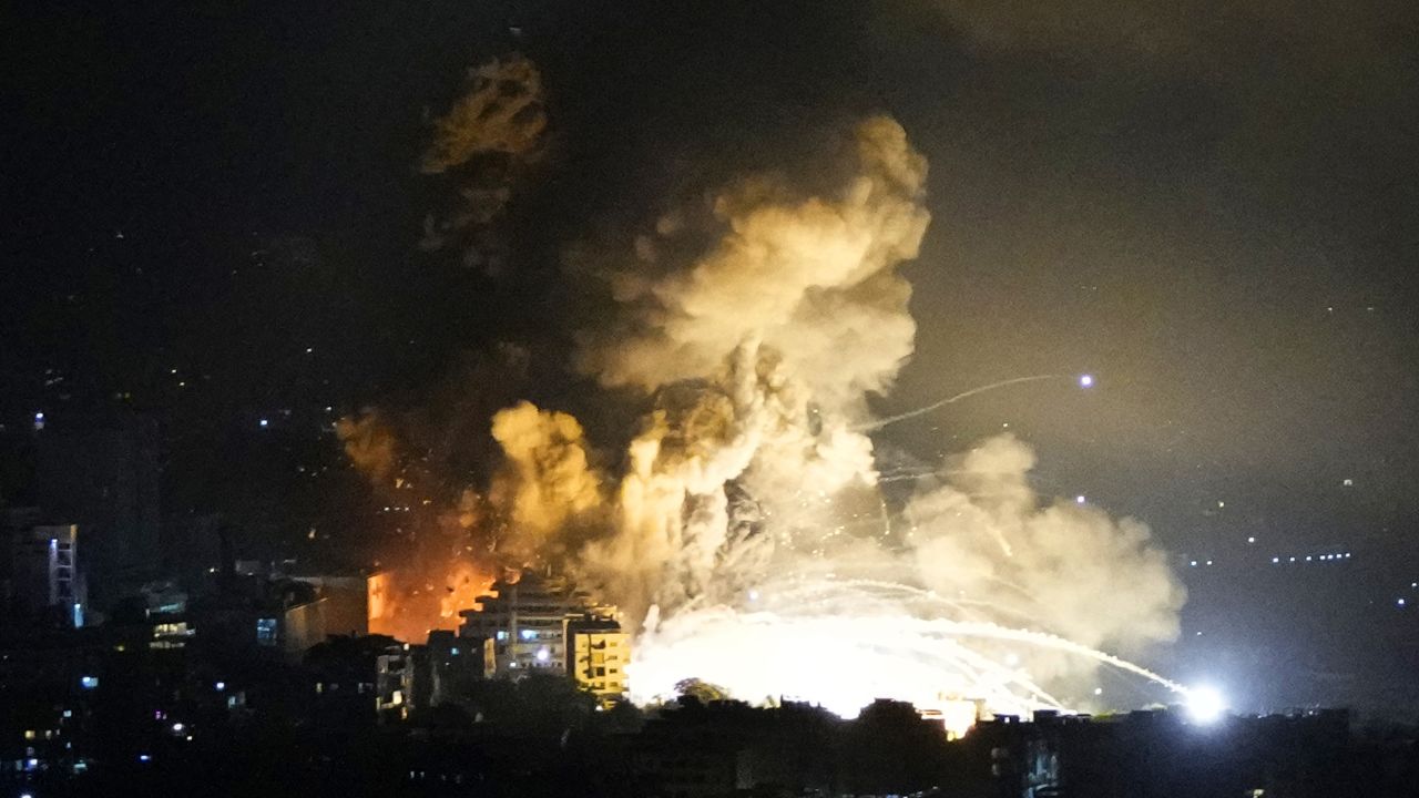 Smoke rises from Israeli airstrikes in Beirut's southern suburbs, on Saturday, September 28.