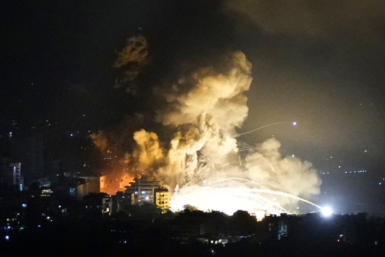 Smoke rises from Israeli airstrikes in Beirut's southern suburbs, on Saturday, September 28.