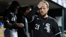 Chicago White Sox's Zach DeLoach (31) walks through the dugout during the ninth inning of a loss to the Detroit Tigers in a baseball game Friday, Sept. 27, 2024, in Detroit. (AP Photo/Duane Burleson)