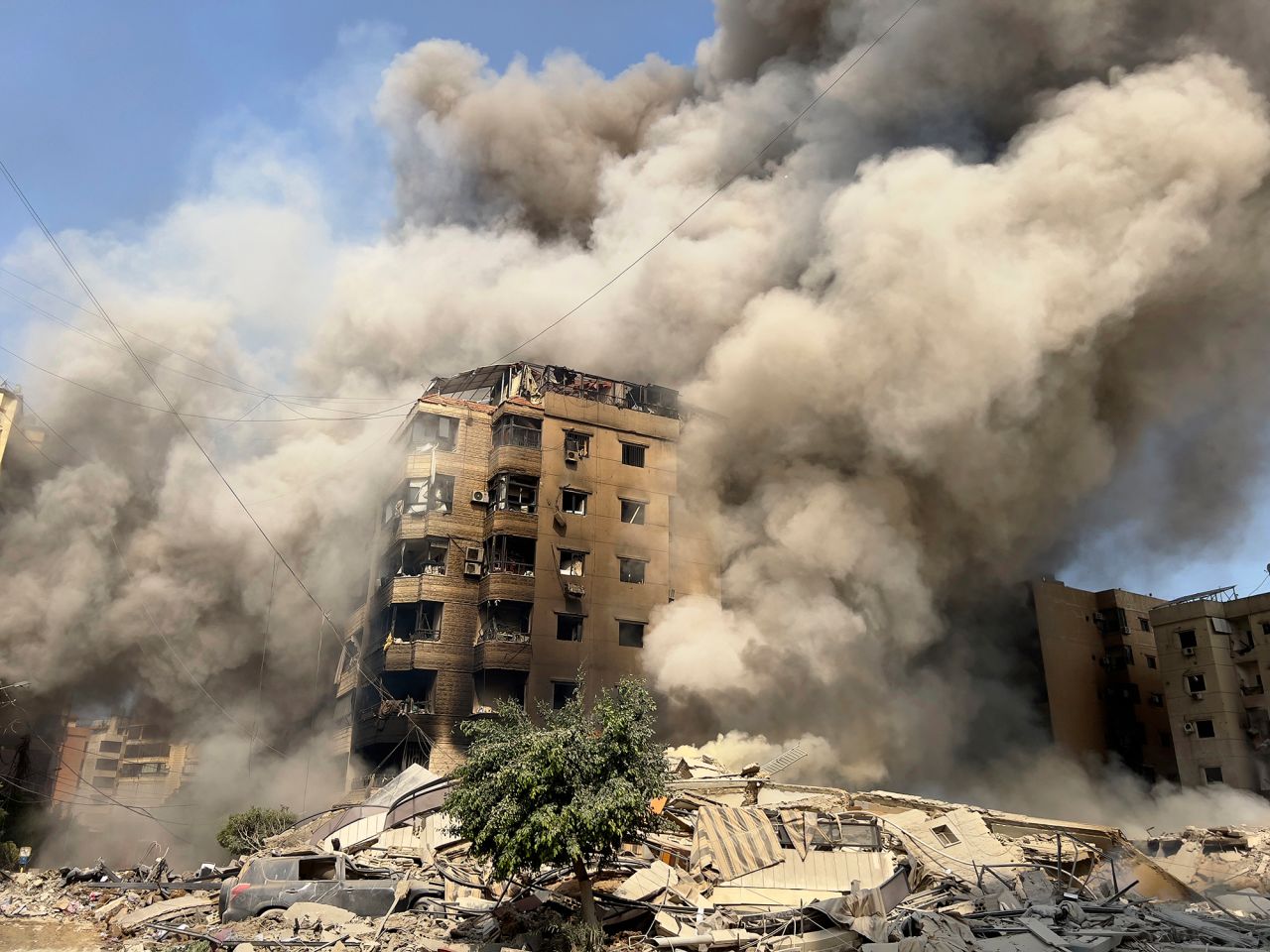 Smoke rises from Israeli airstrikes in Beirut's southern suburbs on Saturday, September 28.