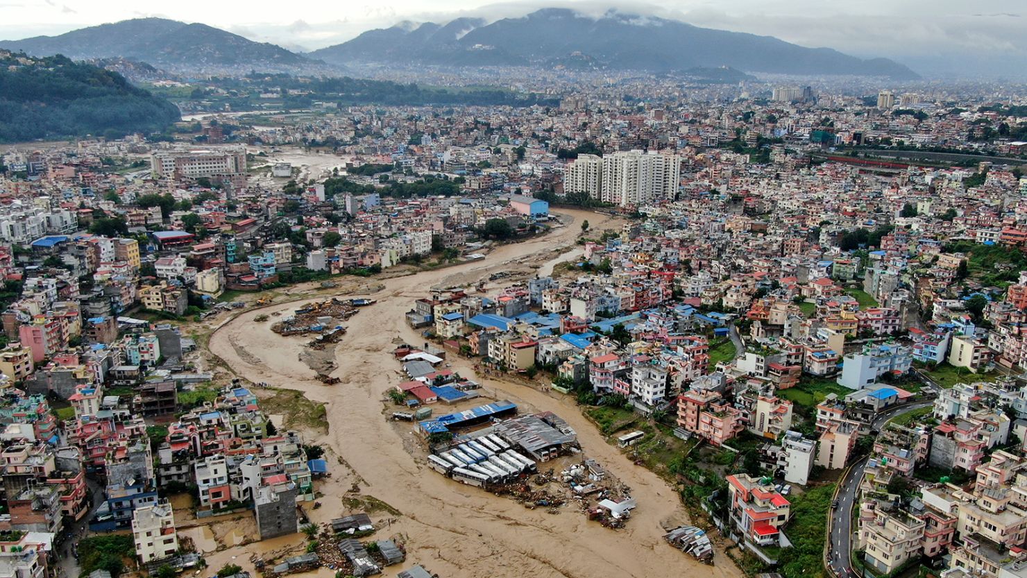 In this aerial image of the Kathmandu valley, Bagmati River is seen flooded due to heavy rains in Kathmandu, Nepal, Saturday, September 28, 2024.