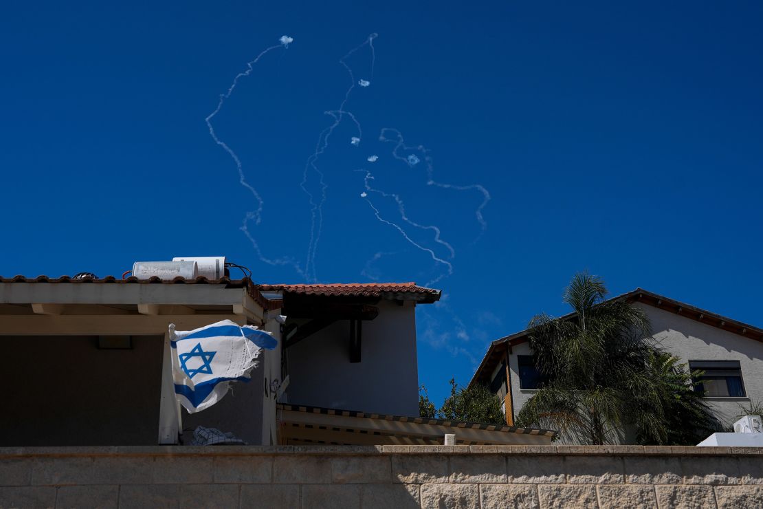 The Israeli Iron Dome air defense system fires to intercept rockets that were launched from Lebanon, as seen from Safed, northern Israel, on September 28, 2024.