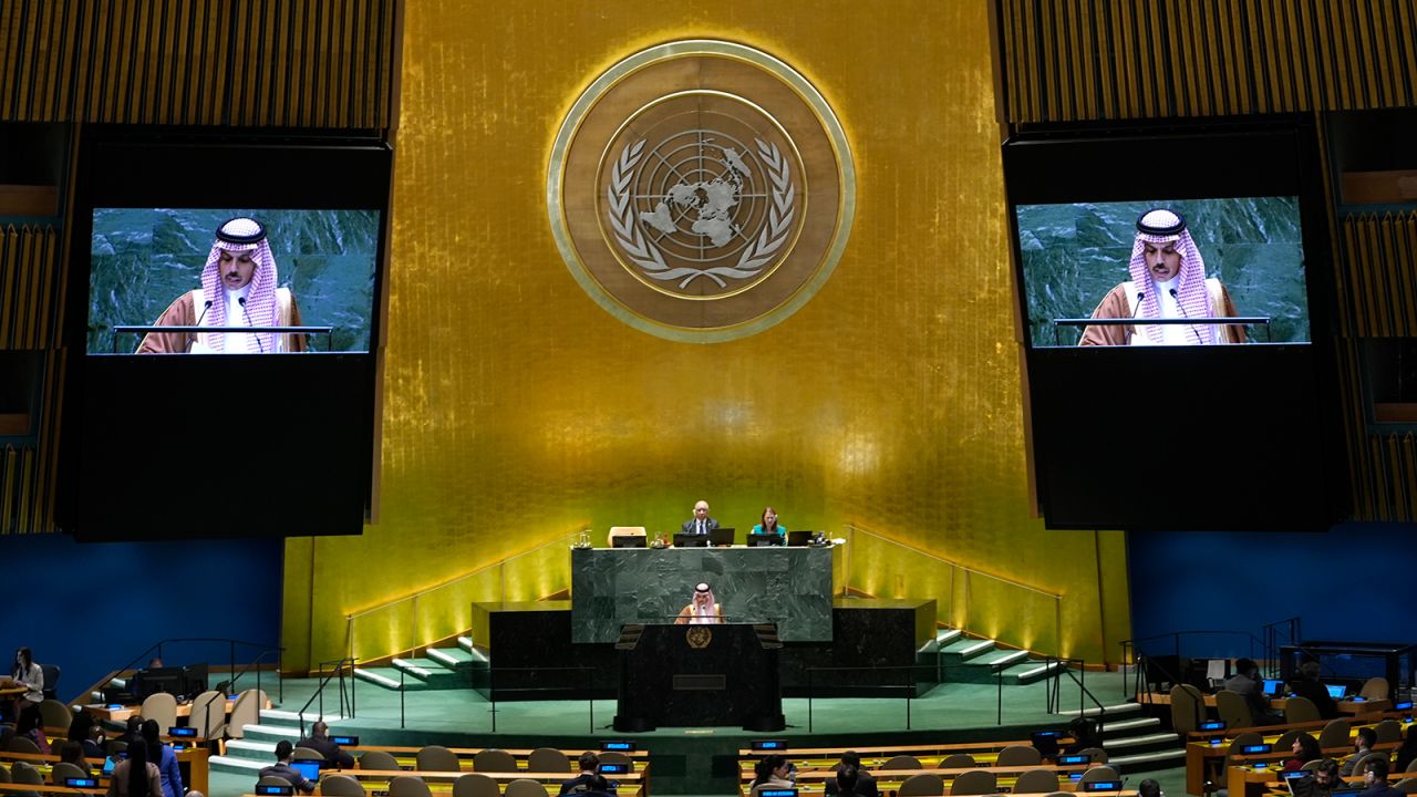 Saudi Arabia's Minister for Foreign Affairs Prince Faisal bin Farhan Al-Saud addresses the 79th session of the United Nations General Assembly, on September 28.