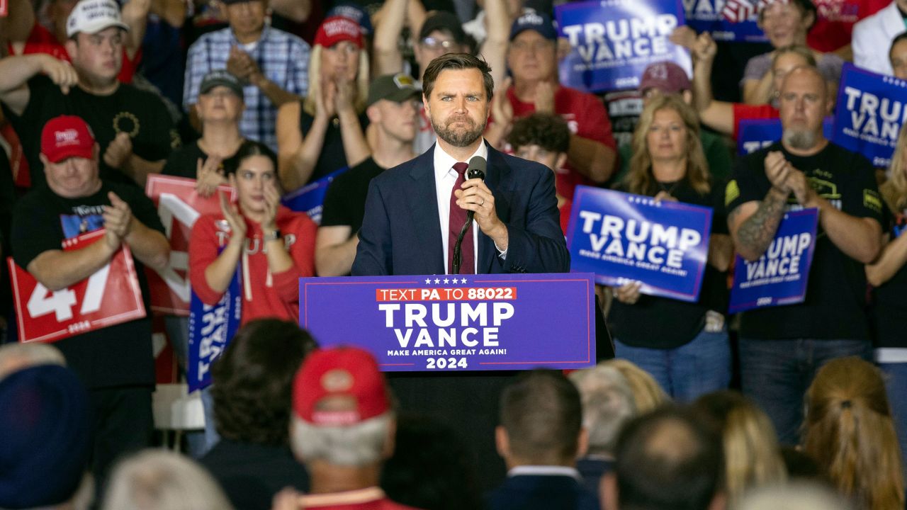 Republican vice presidential nominee JD Vance speaks at a campaign rally in Newtown, Pennsylvania, on Saturday.