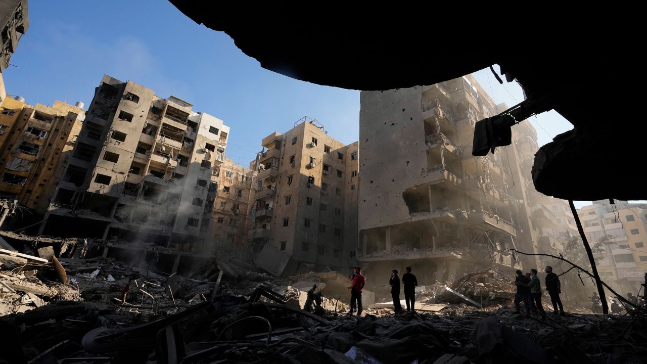 People gather at the site of the assassination of Hezbollah leader Hassan Nasrallah in the southern suburbs of Beirut, Lebanon, on September 29, 2024.