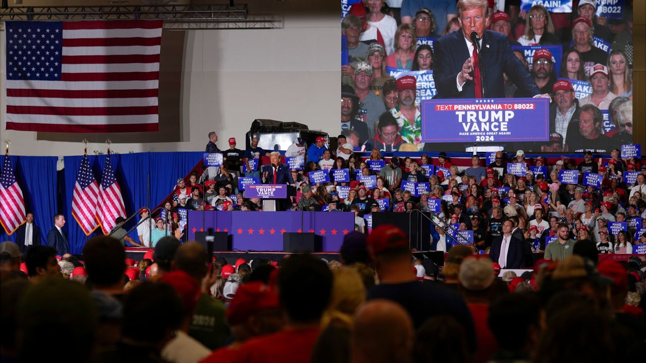 Former President Donald Trump speaks at a campaign rally in Erie, Pennsylvania, on Sunday.