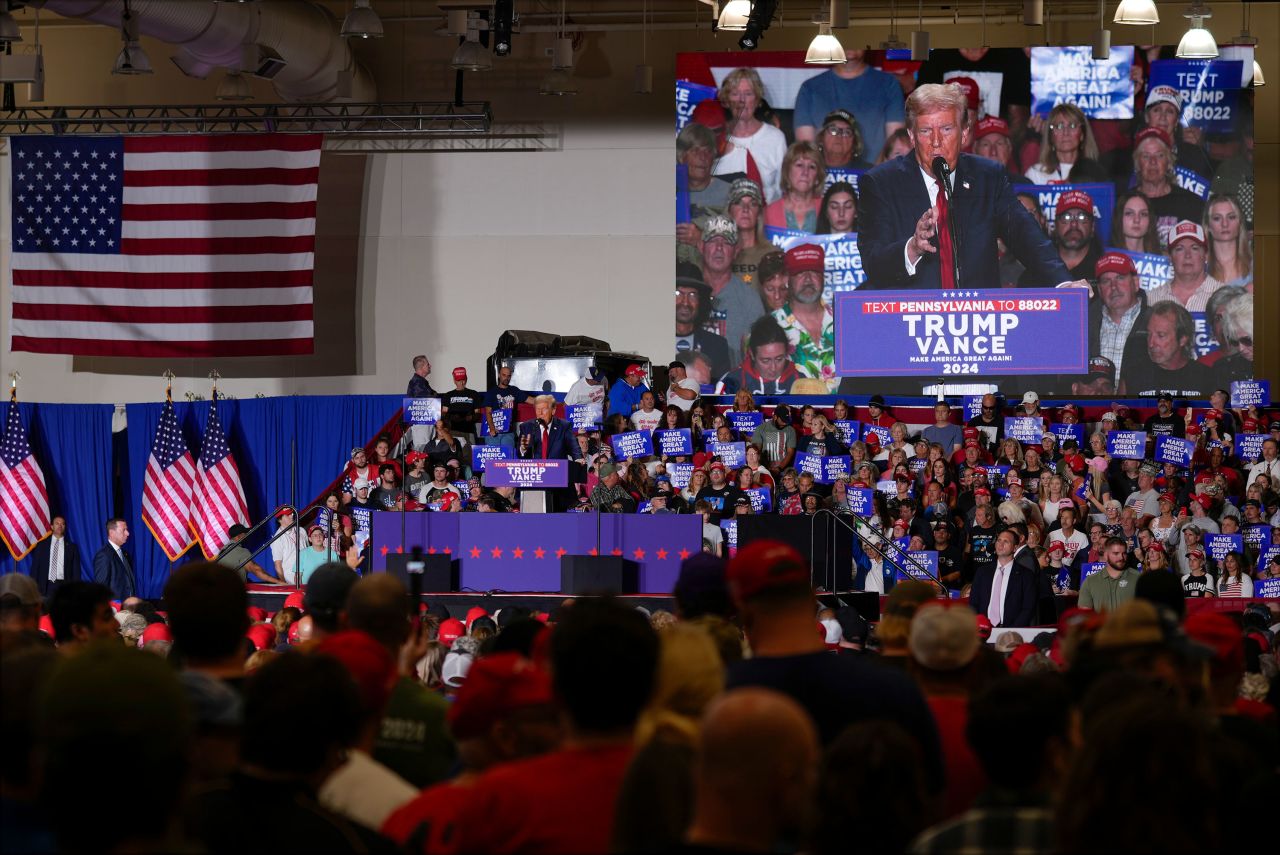 Former President Donald Trump speaks at a campaign rally in Erie, Pennsylvania, on Sunday.