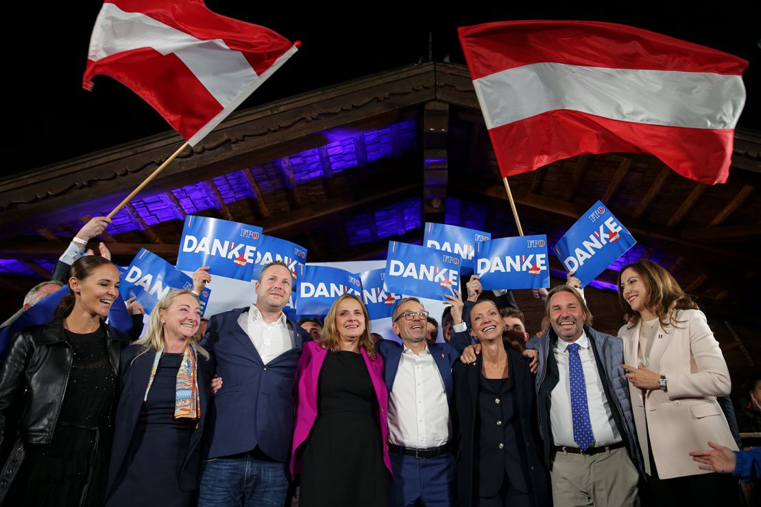 Herbert Kickl, leader of the Freedom Party of Austria poses with supporters, in Vienna, Austria, Sunday, Sept. 29, 2024, after polls closed in the country's national election.