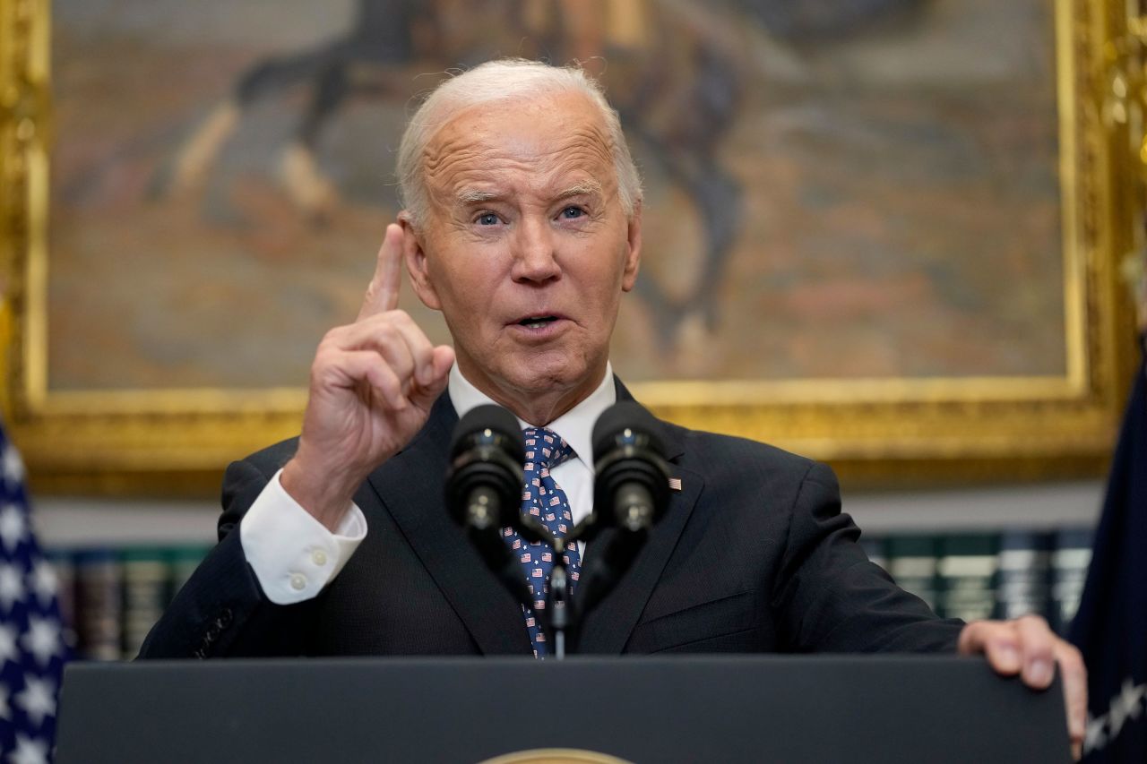 Joe Biden speaks about the federal response efforts for Hurricane Helene, from the Roosevelt Room at the White House in Washington, on Monday.