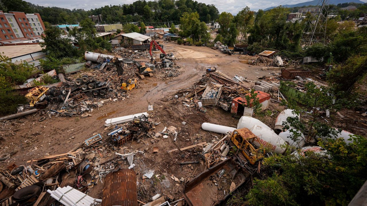 Debris is seen in the aftermath of Hurricane Helene, Monday, Sept. 30, 2024, in Asheville, N.C. (AP Photo/Mike Stewart)