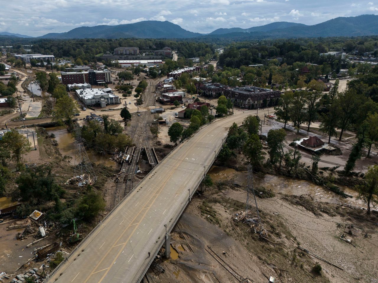 The destruction left by Hurricane Helene is seen in Asheville, North Carolina, on Monday.