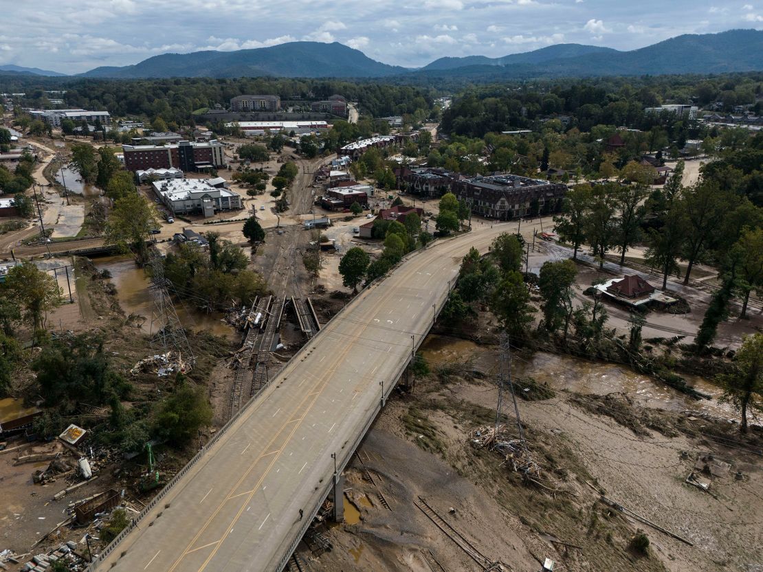 Mud and debris cover Asheville, North Carolina, on September 30, 2024 in the aftermath of Hurricane Helene's flooding.