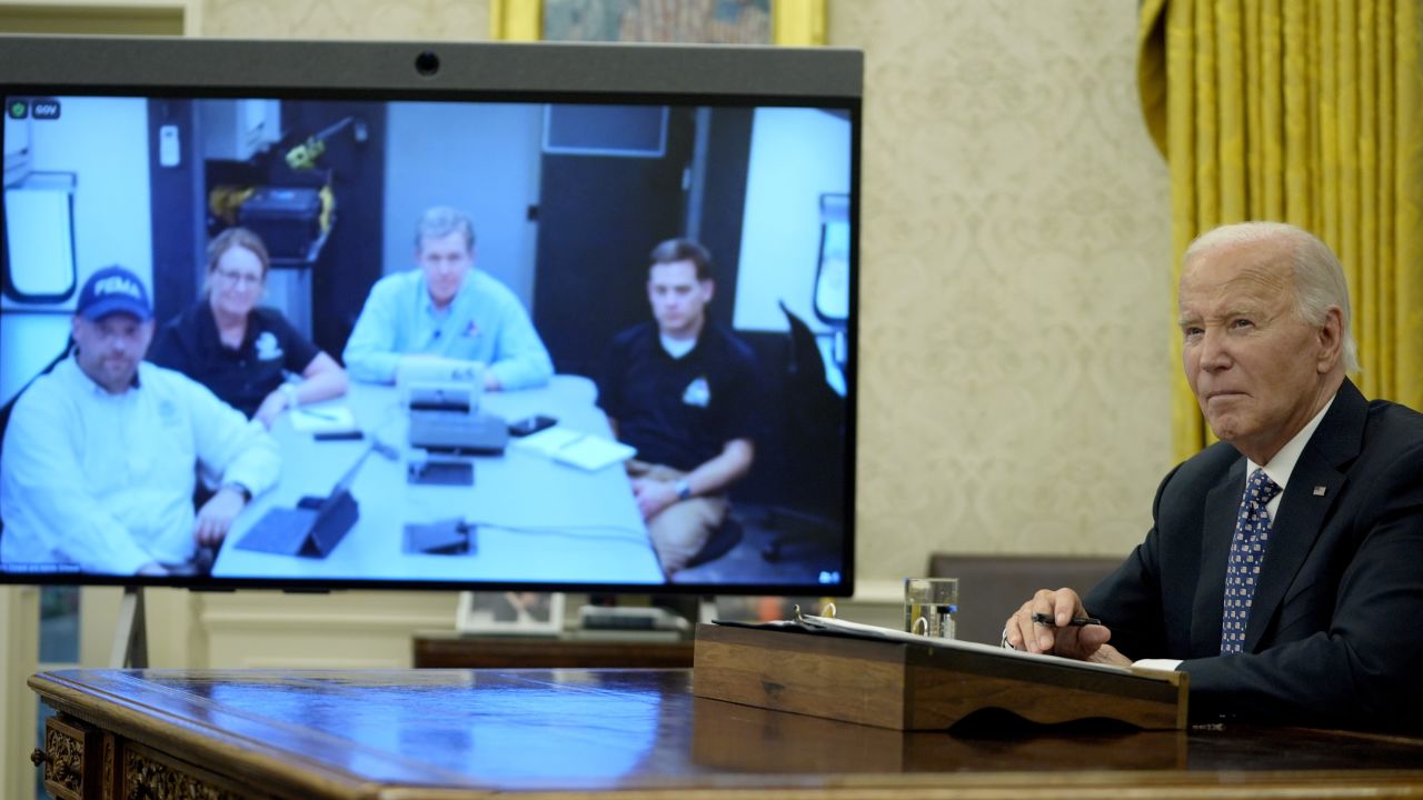 President Joe Biden speaks with North Carolina Gov. Roy Cooper and FEMA administrator Deanne Criswell about the federal response to Hurricane Helene on Monday.