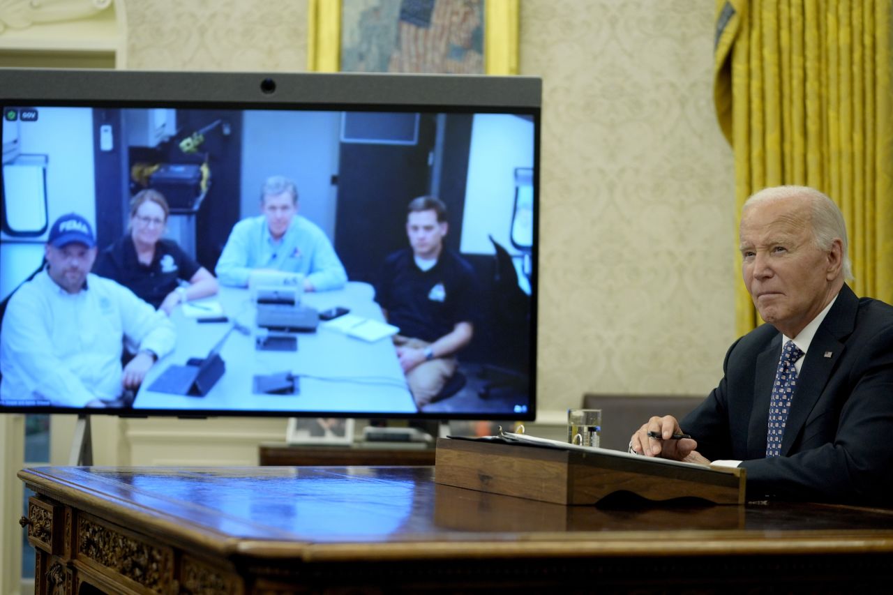 President Joe Biden speaks with North Carolina Gov. Roy Cooper and FEMA administrator Deanne Criswell about the federal response to Hurricane Helene on Monday.