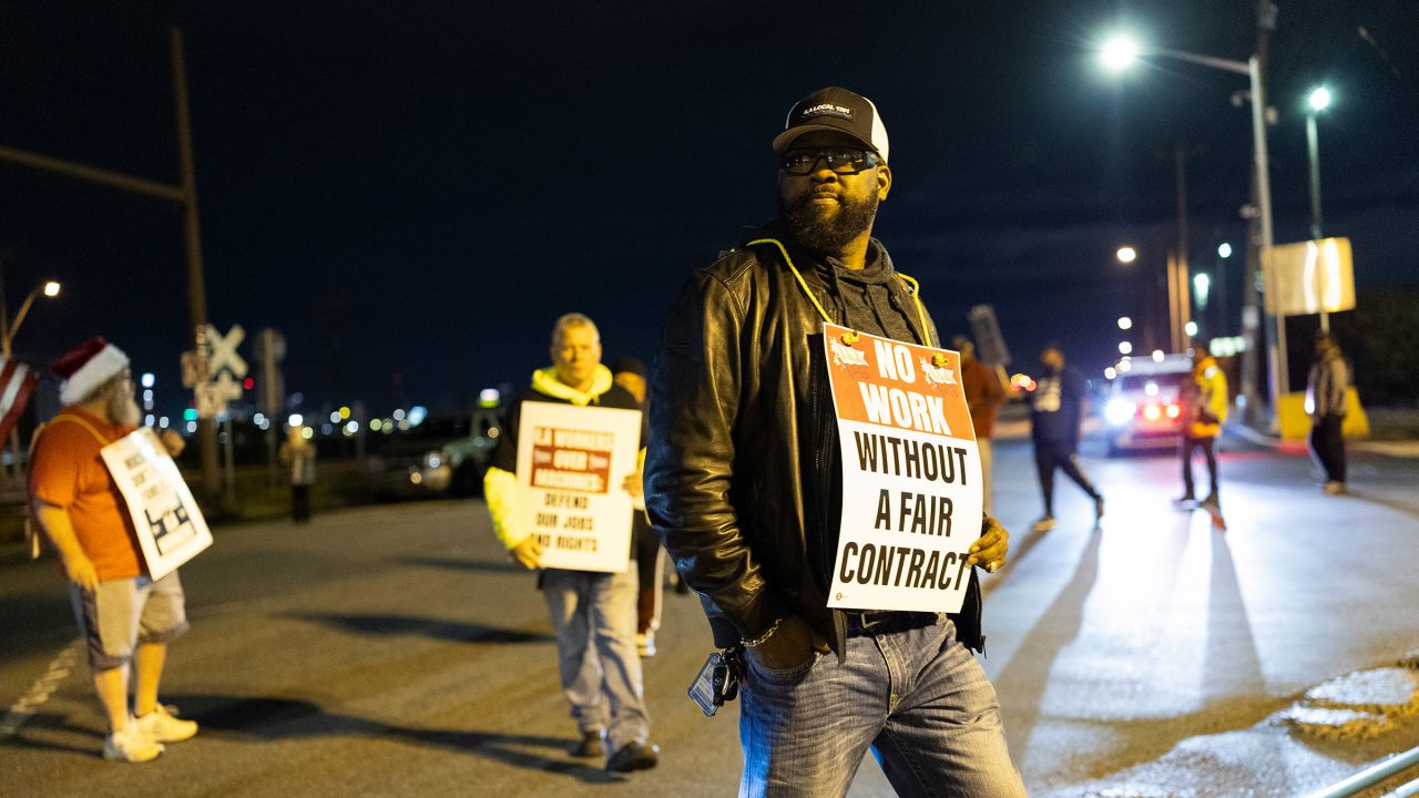 Striking longshoremen picket outside the Packer Avenue Marine Terminal Port, in Philadelphia, Pennsylvania, on October 1, 2024.