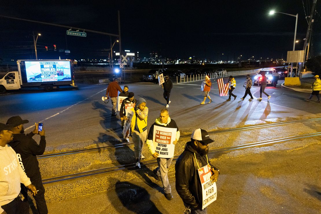 Striking longshoremen picket outside the Packer Avenue Marine Terminal Port in Philadelphia, Pennsylvania, on October 1.